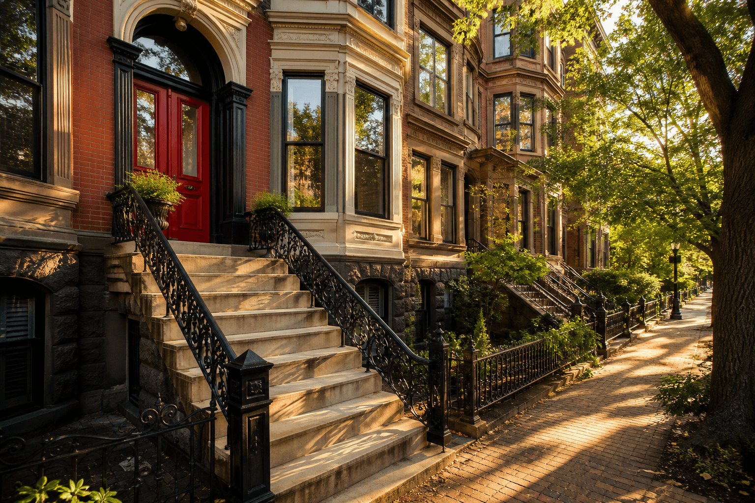 Victorian row house with a limestone stoop and bright red door at golden hour