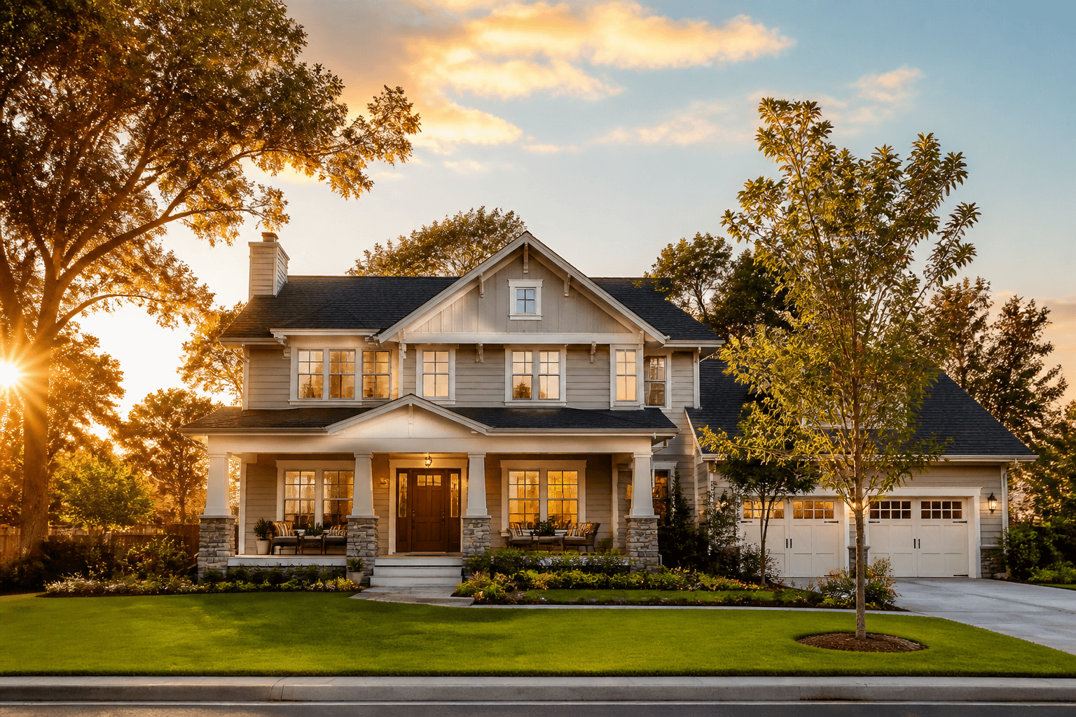 Picturesque craftsman home on a tree-lined street at golden hour
