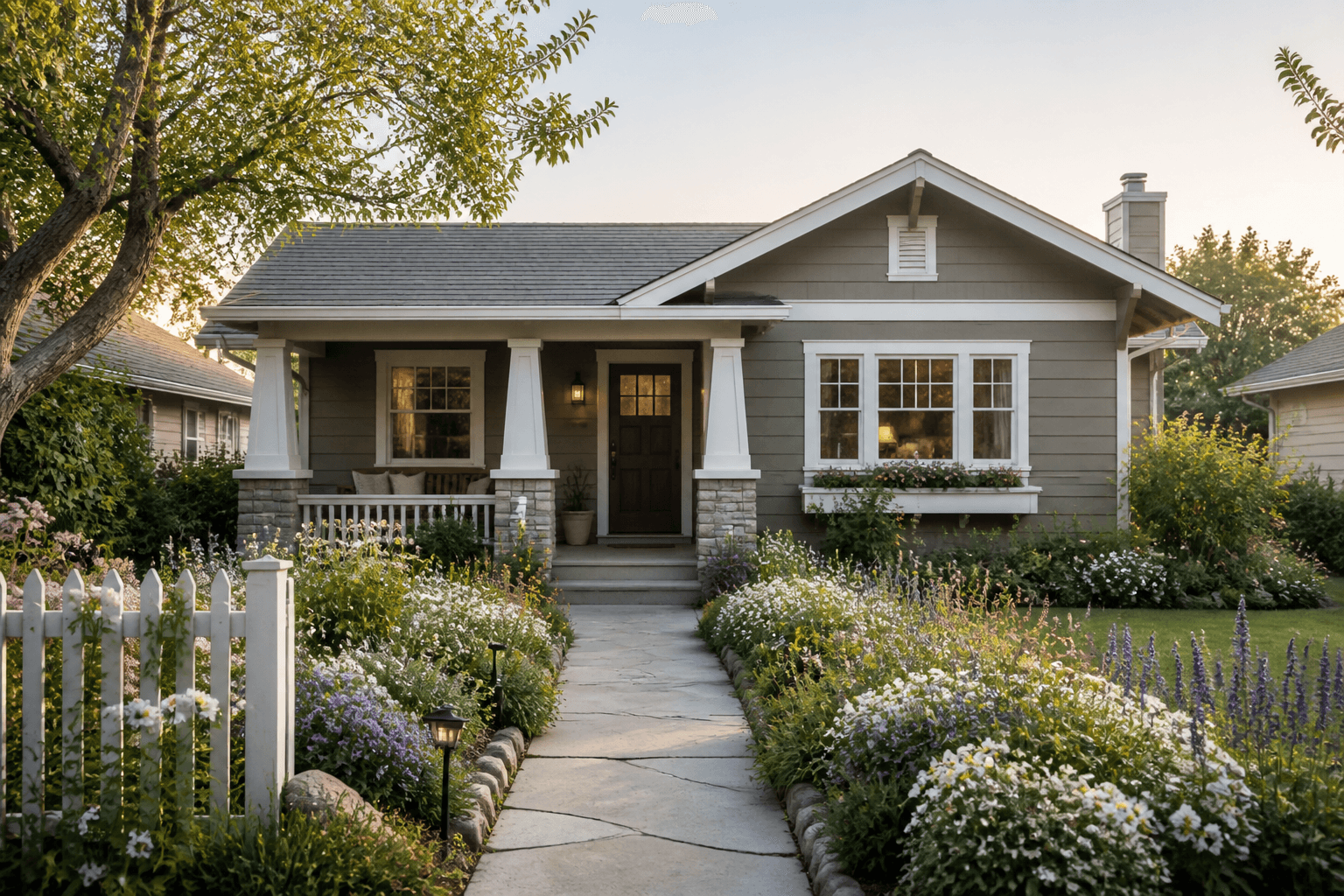 Charming starter home with a front garden in soft morning light