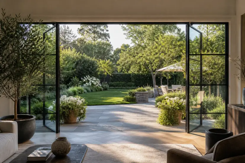Elegant home office view looking out to a landscaped backyard