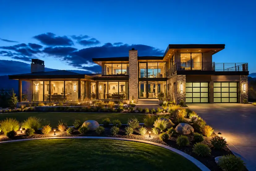 Contemporary modern home with large windows at dusk