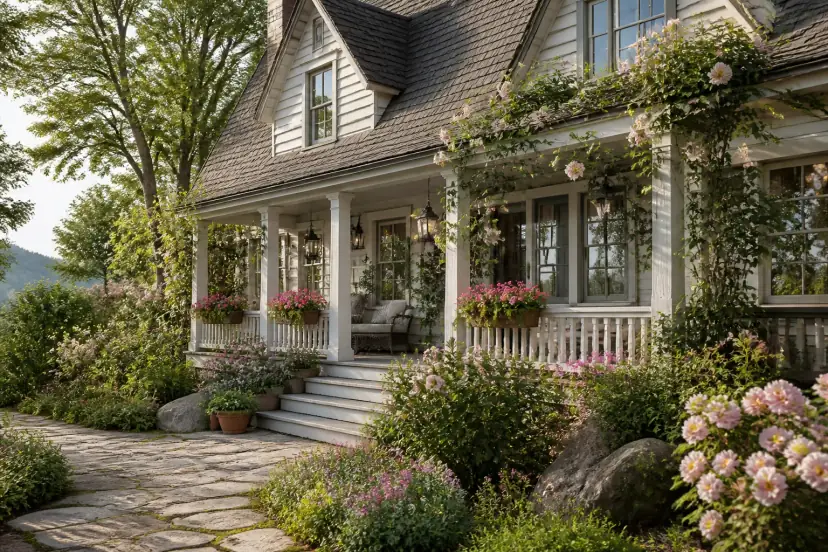 Cottage-style home with a bookish porch and flower boxes
