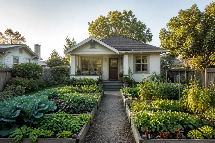 Compact cute bungalow with vegetable garden beds