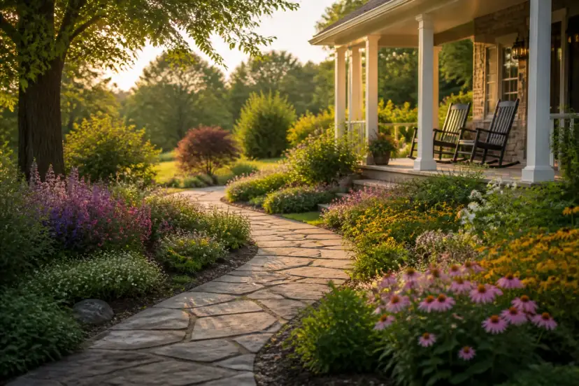 Winding garden path leading to a porch with rocking chairs