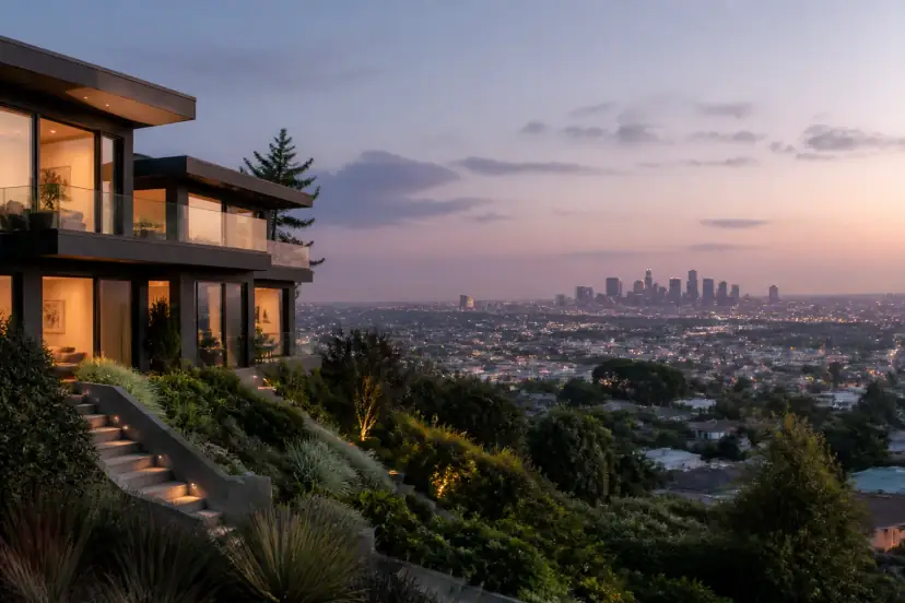 Hillside home overlooking a dusk city skyline in the distance