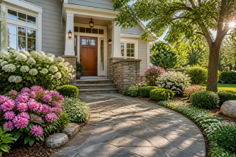 Welcoming front door and pathway of a picturesque suburban home