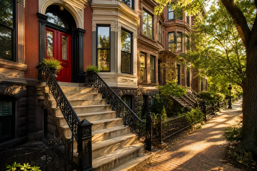 Victorian row house with a limestone stoop and bright red door at golden hour