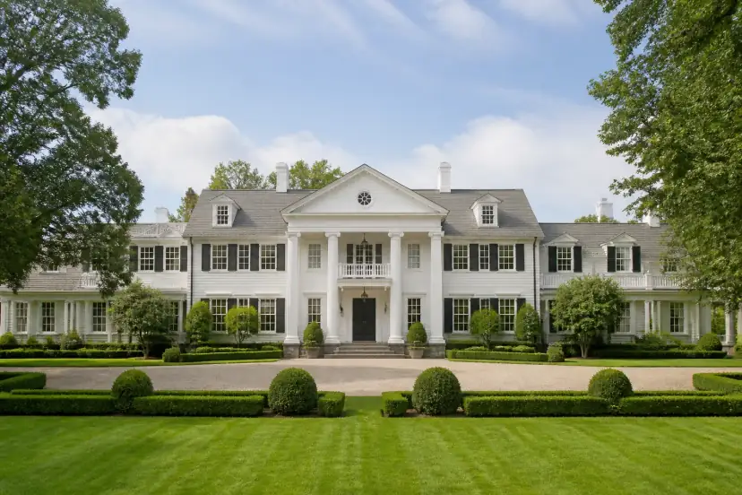 Formal white colonial home with symmetrical facade