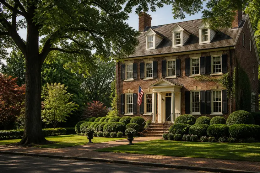 Brick colonial home with an American flag on a quiet suburban street